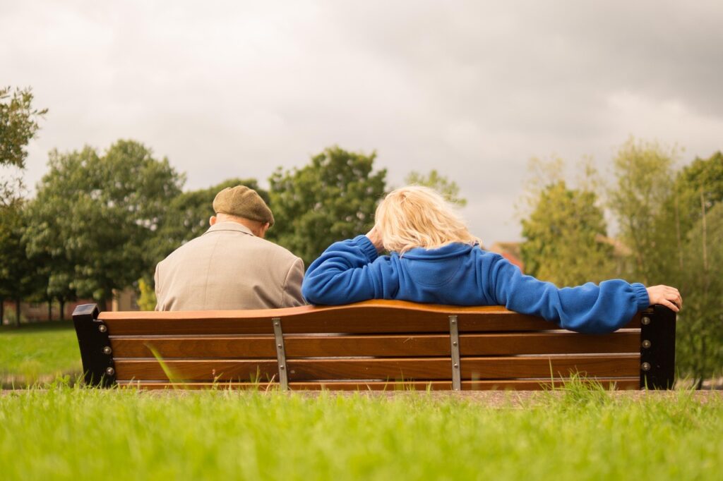 people, sitting, resting, waiting, man, woman, elderly, person, senior, old, female, adult, caucasian, retired, happy, bench, nature, park, trees, together, happy seniors, retirement