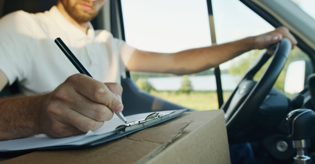 Close-up of a delivery driver inside a van writing on a clipboard. Logistics and service work concept.