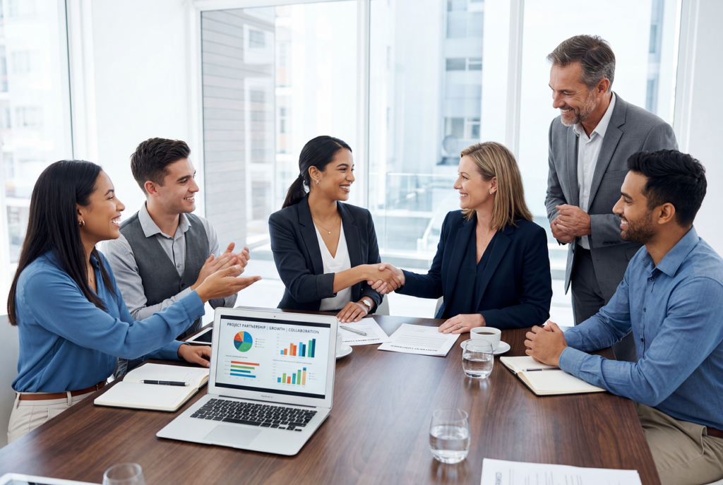 meeting, conference, business, office, team, collaboration, agreement, handshake, partnership, corporate, professional, discussion, presentation, chart, graph, laptop, documents, strategy, negotiation, success, leadership, workplace, formal, ai generated
